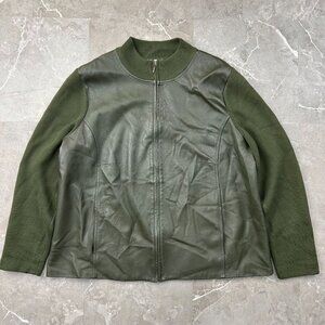 Pendleton Jacket Womens 2X Leather Merino Wool Full Zip Coat Sweater Army Green